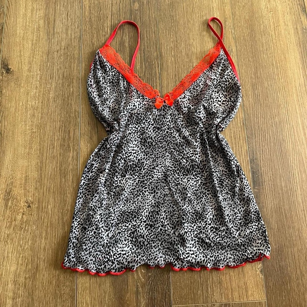 Grey Leopard Print Babydoll Top with Red lace trim